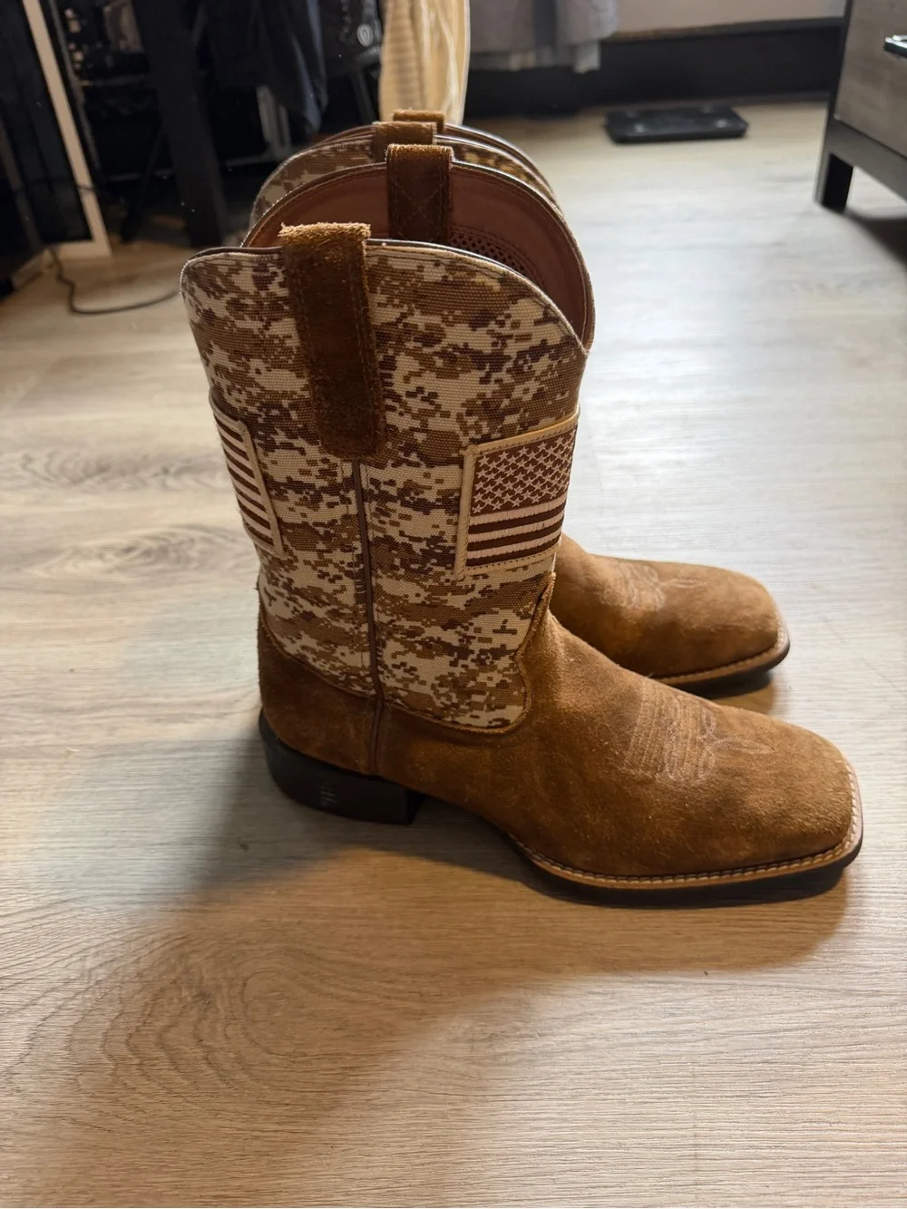Men's Ariat Brown Suede Western Work Boots with Camo Shaft